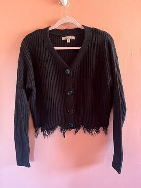 Love Tree Black Ribbed V-Neck Button Cardigan with Distressed Hem